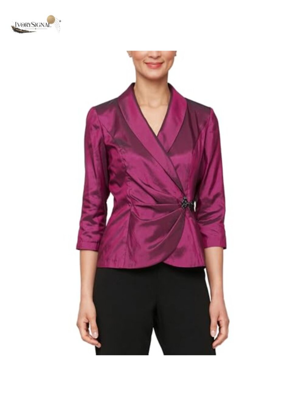 Stretch Taffeta 3/4 Sleeve Formal Blouse Collared Surplice Special Occasion